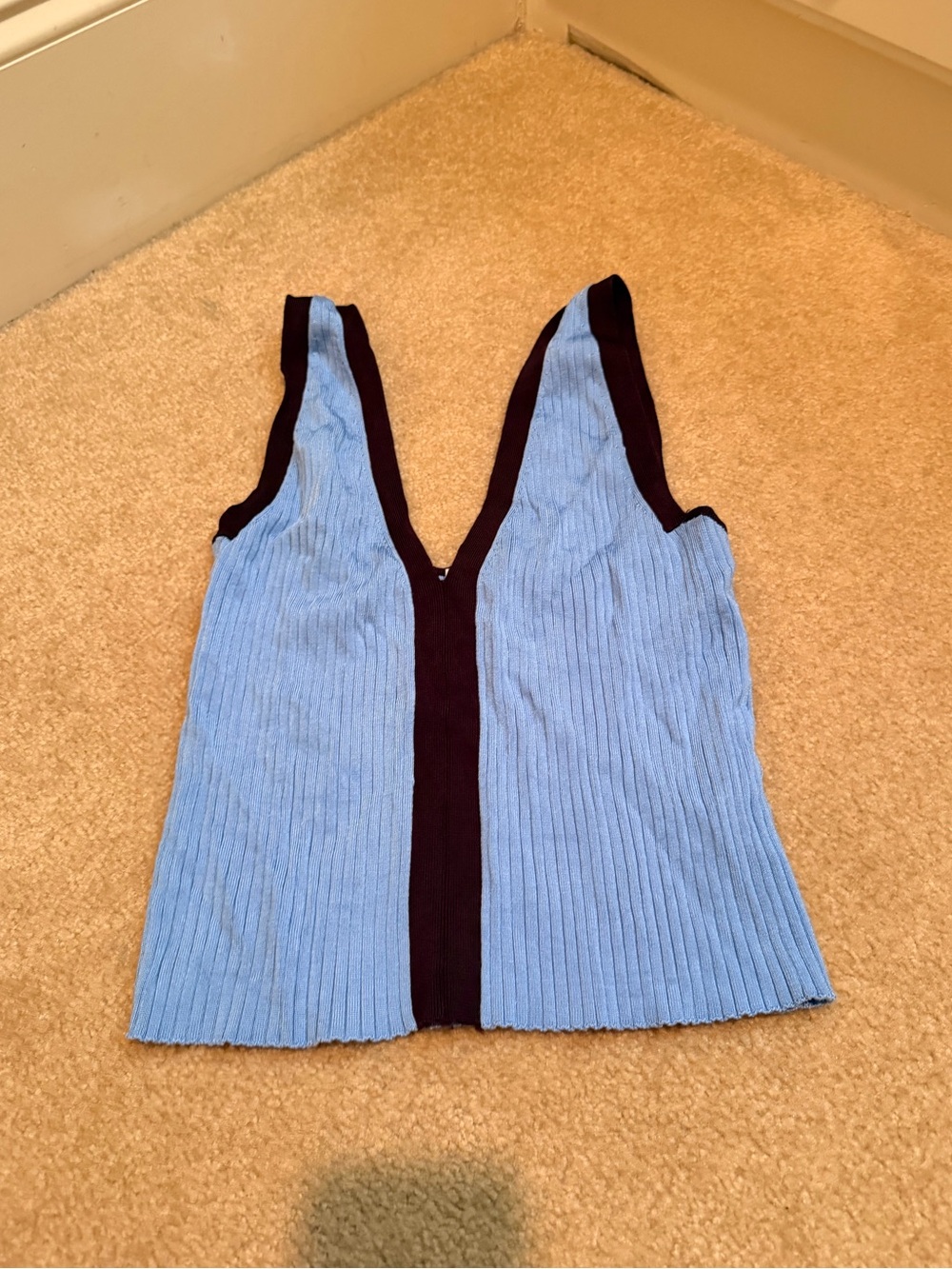 Zara Light Blue Ribbed V-Neck Tank with Dark Trim